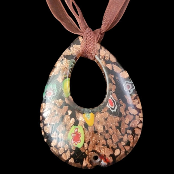 Multicolored Floral Mirano glass pendant w brown lace Necklace Boho-chic handmad - Picture 1 of 6